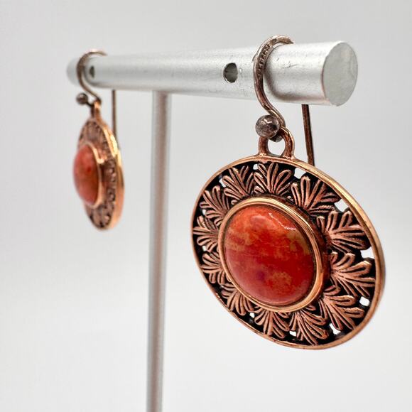Barse THAI CU Sponge Coral Copper Earrings Leaf Motif Shield Dome Boho Bohemian - Picture 3 of 10